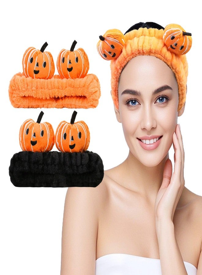 FlyingMage Spa Headband for Washing Face, 2 Pack Cute Halloween Hair Band for Shower Yoga Beauty, Fluffy Makeup Headband, Kawaii Facial Headbands for Woman Girls, Orange+Black Pumpkin - Image 1